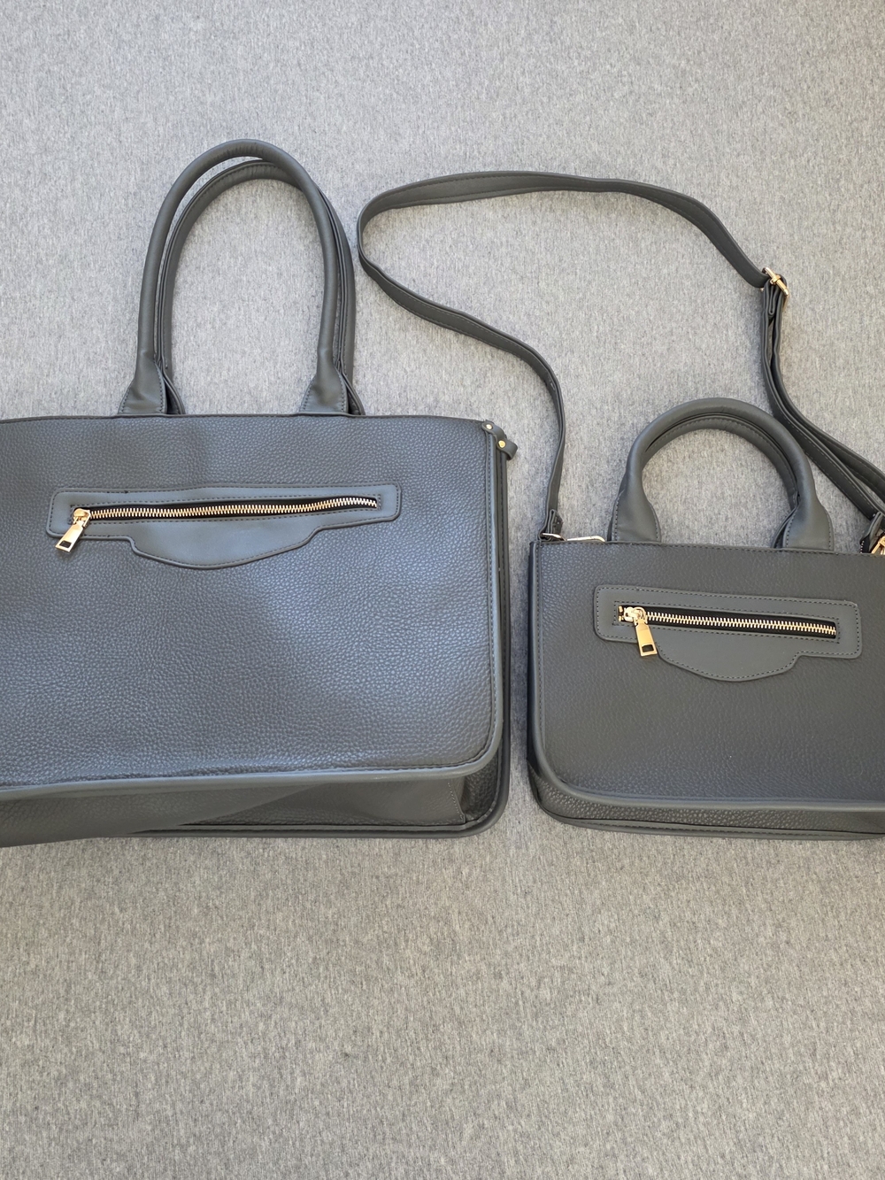 Gray Structured Tote Bag with Gold Hardware 2-in-1 Purse - Picture 2 of 10